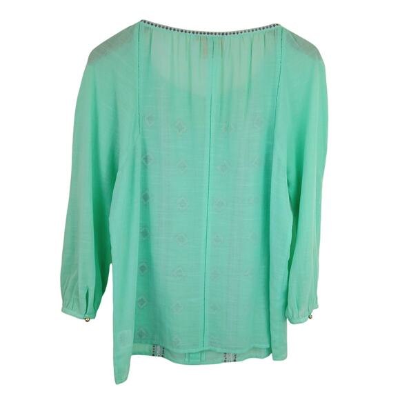 Tory Burch SZ 10 Lucille Seafoam Green Beaded Split Neck Blouse Cotton Linen - Picture 5 of 5